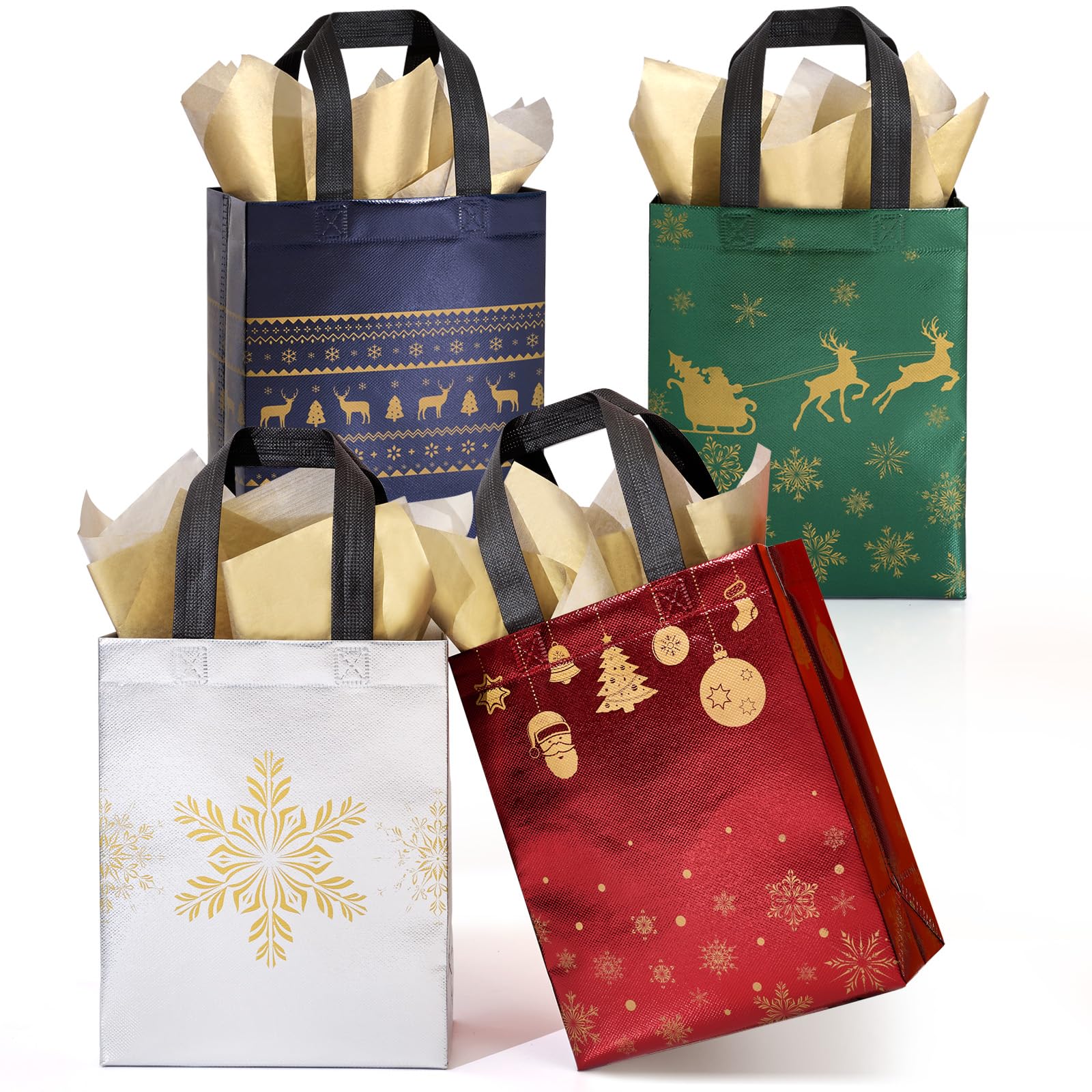 STYPOP 16 Pack 10" Christmas Gift Bags Medium Size with Tissue Paper, Reusable Christmas Tote Bags with Handles, Non-Woven Holiday Gift Bags for Christmas Gift Wrap, 10.2" * 8.3" * 4"