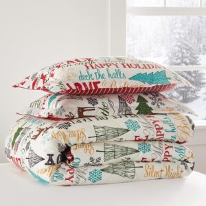 Levtex Home - Santa Claus Lane Duvet Cover Set - King Duvet Cover (106x94in.) + Two King Pillow Cases (36x20in.) - Christmas Script - Red, Teal and Green - Polyester