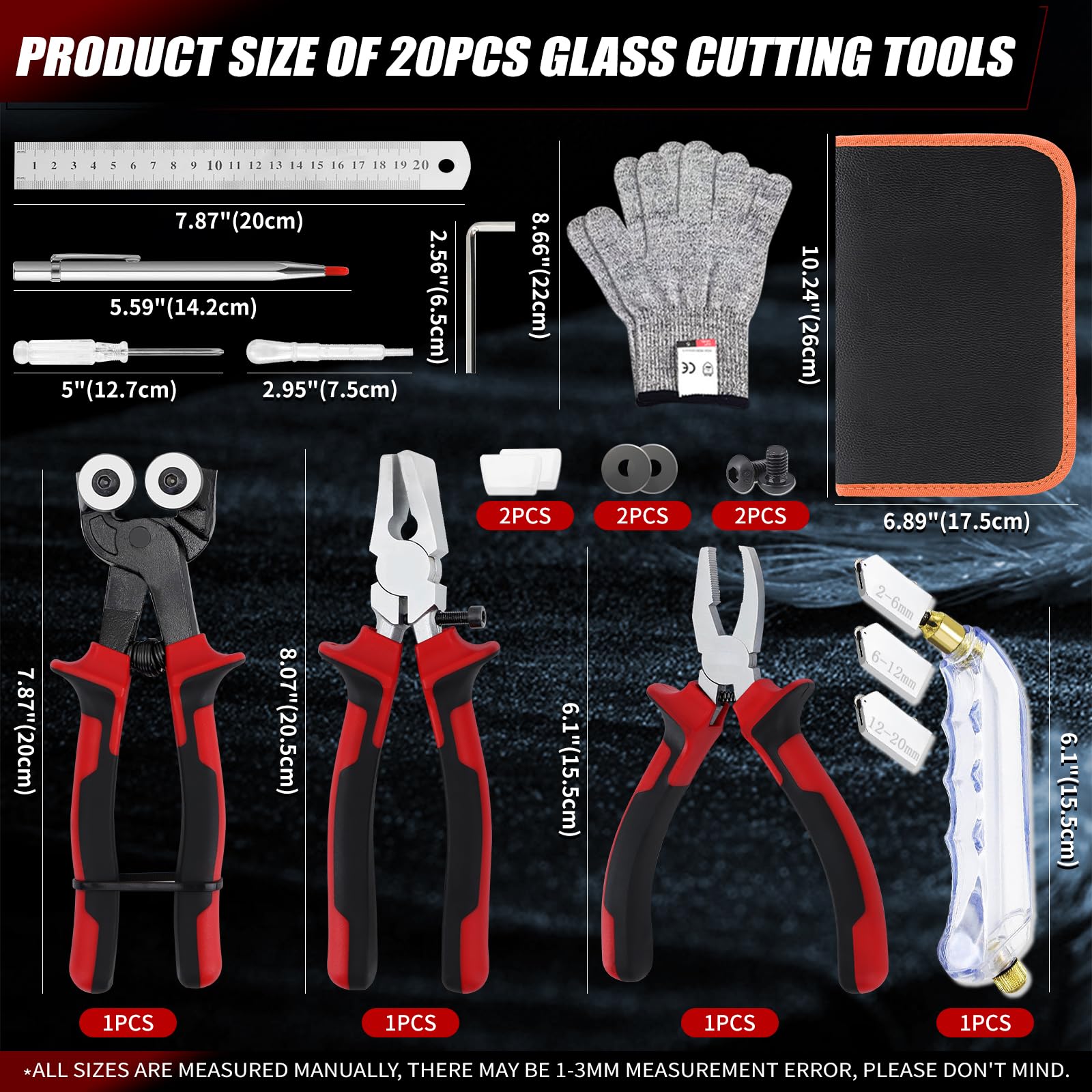 YOTINO Glass Cutters Tools 20PCS Glass Nippers Glass Running Pliers Breaking Pliers Oil Feed Glass Cutter Set for Stained Glass, Tiles, Mosaic Cutting with Cut Resistant Gloves Leather Zipper Bag