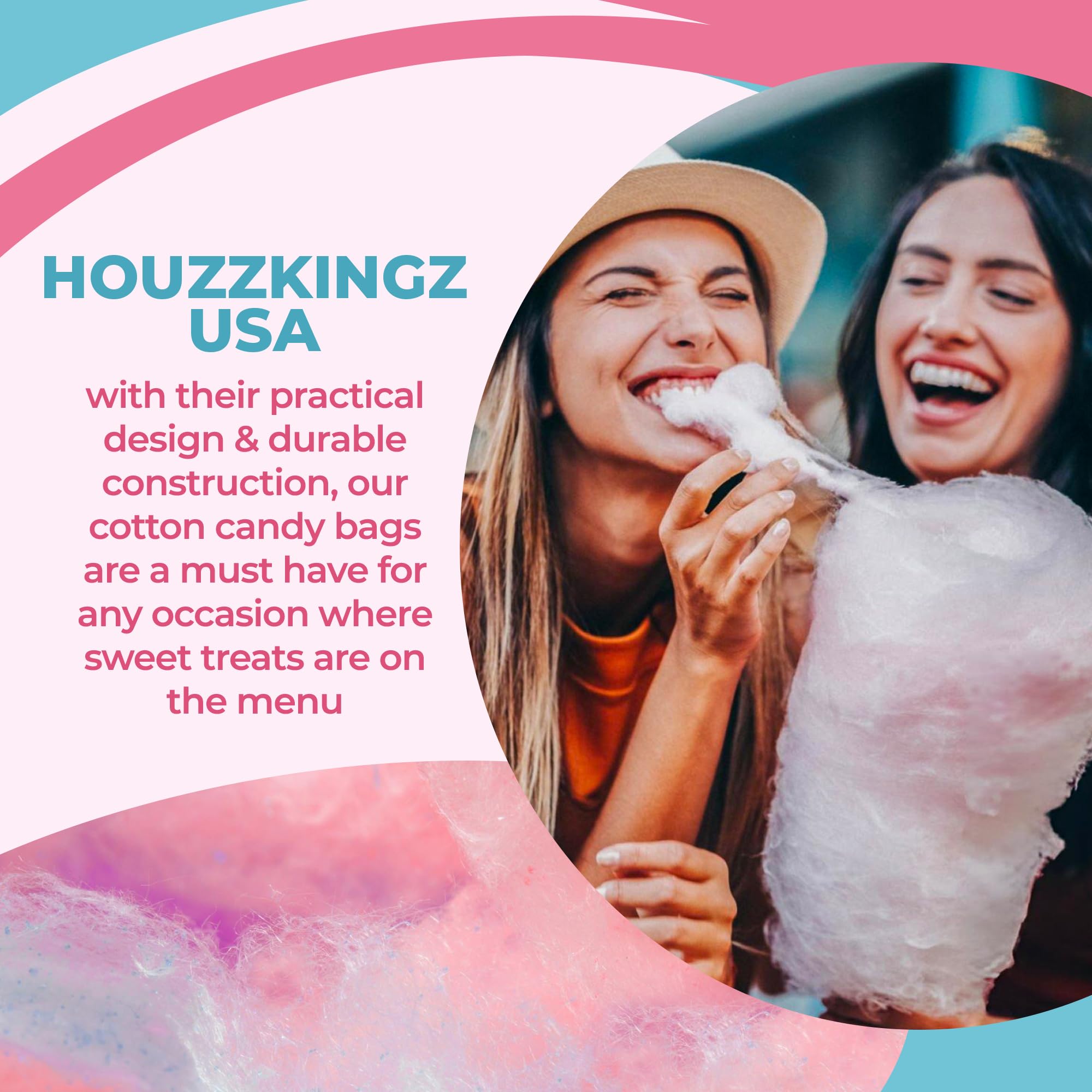 100 Cotton Candy Bags with Ties – 18.5" X 11.5" Thick Printed Bulk Cotton Candy Machine Supplies | Large Candy Bag Holder | Concession Stand Carnival Candy Bags