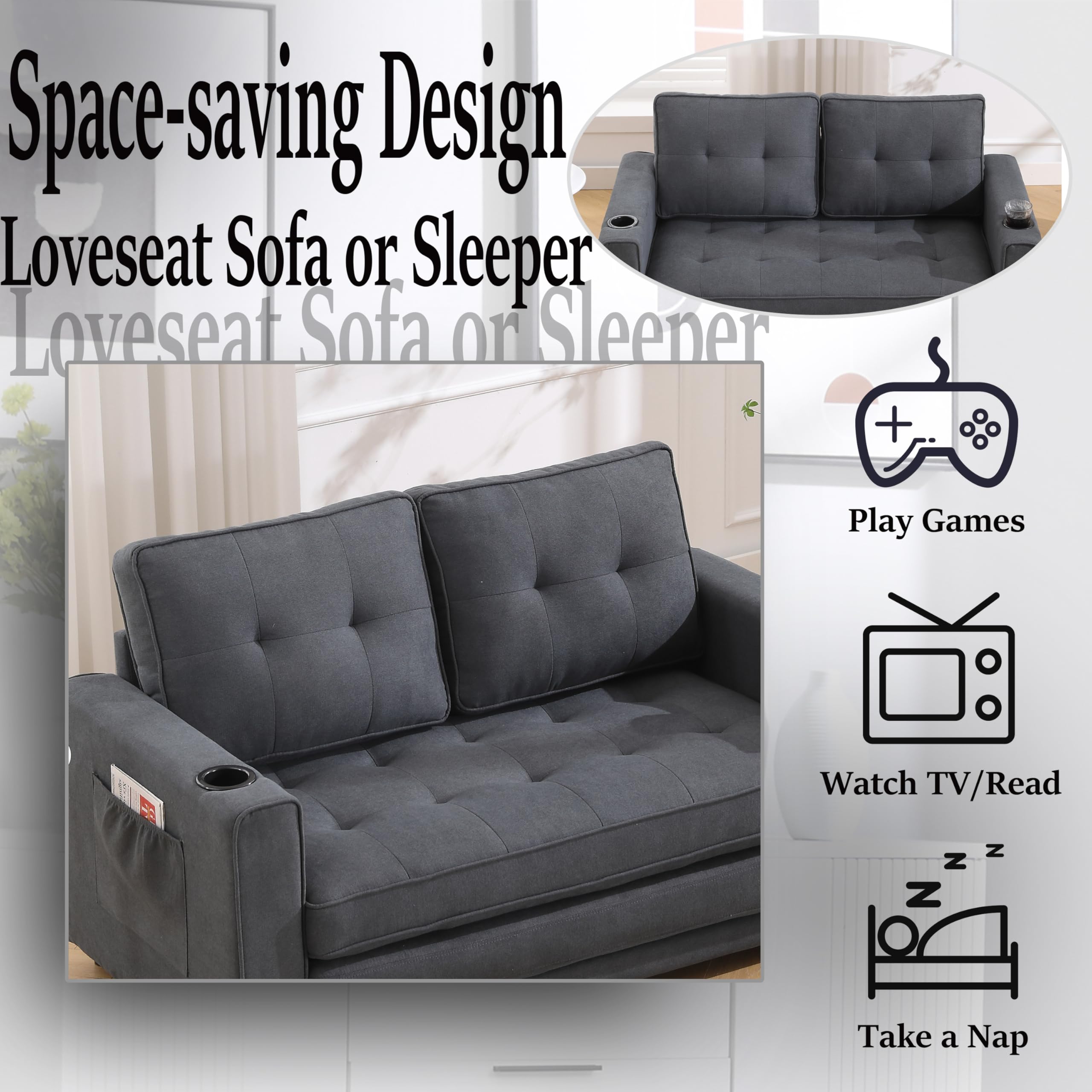 Upgraded Loveseat Sleeper Sofa, 55'' W Folding Couch Bed with 2 Pillows and Pockets & Cup Holder, Convertible Floor Gaming Couch Bed for Basement, Living Room, Bedroom, Entertainment Room (Dark Gray)