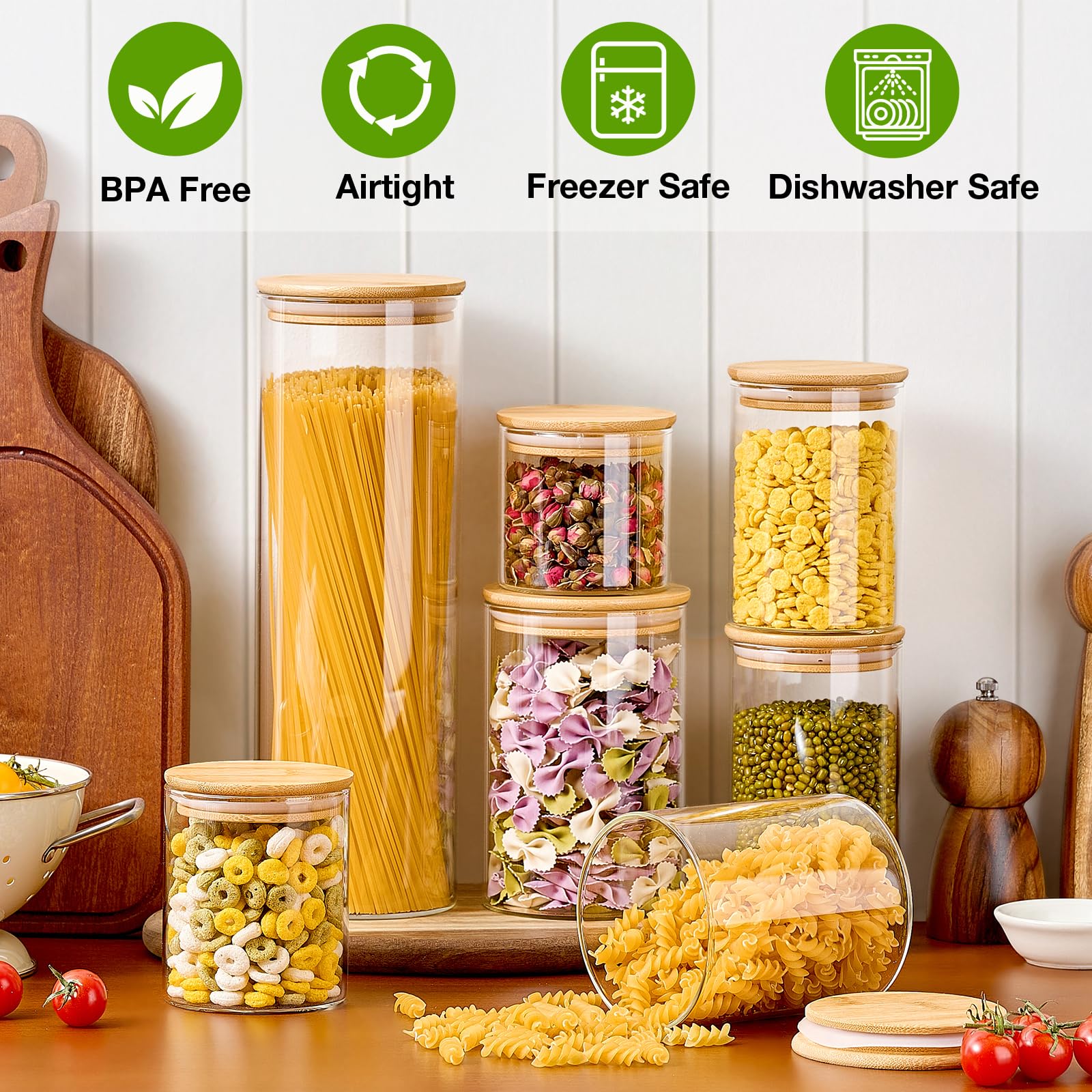 Meolibour 7 Pack Thicker Glass Food Storage Jars with Airtight Bamboo Lids, Clear Glass Storage Containers, Glass Canisters Set for Pasta, Nuts, Coffee Beans, Kitchen Pantry Organization Jar, BPA Free