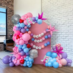 pink purple blue music fans balloon garland arch kit 140pcs disco ball star mylar balloon & singer friendship bracelets shape balloons chain for girl sweet16 birthday concert theme decorations