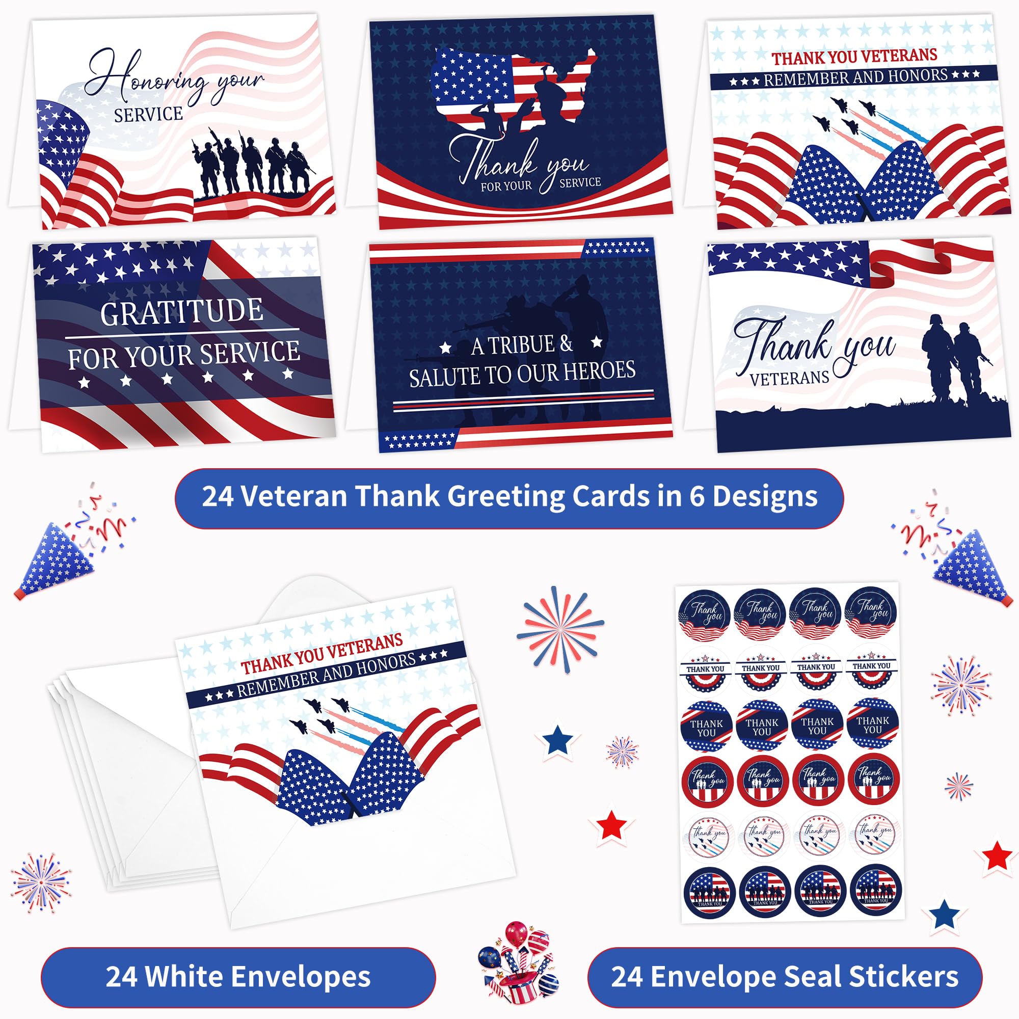 24 Pcs Veterans Day Cards with Envelopes: Veteran Thank You for Your Service Cards with Envelopes & Stickers Special Season Patriotic Appreciation Greeting Cards Bulk Veterans Day Gifts