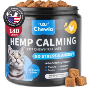 cat calming treats - hemp calming care for cats - cat melatonin soft chews with hemp seed oil and probiotics - cat anxiety relief - storms, travel, grooming, separation - calming chews for cats