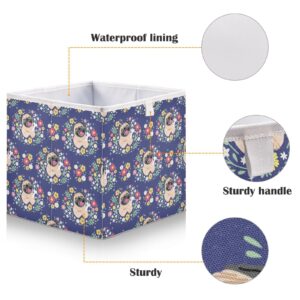 Doterii Cute Pug Dog and Flowers Fabric Foldable Storage Cube 11 inch Open Home Storage Bins for Shelves Organizing