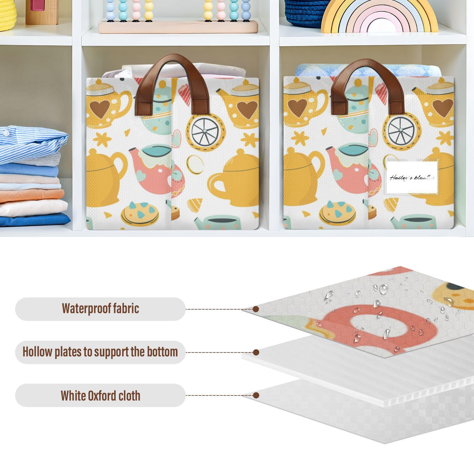 SPRIPORT Bread Teapot Cookies Foldable Storage Cube for Shelves Fabric Storage Bin with Metal Frame & Double Handles Large Storage Basket for Organizing Clothes Toys Blankets Books