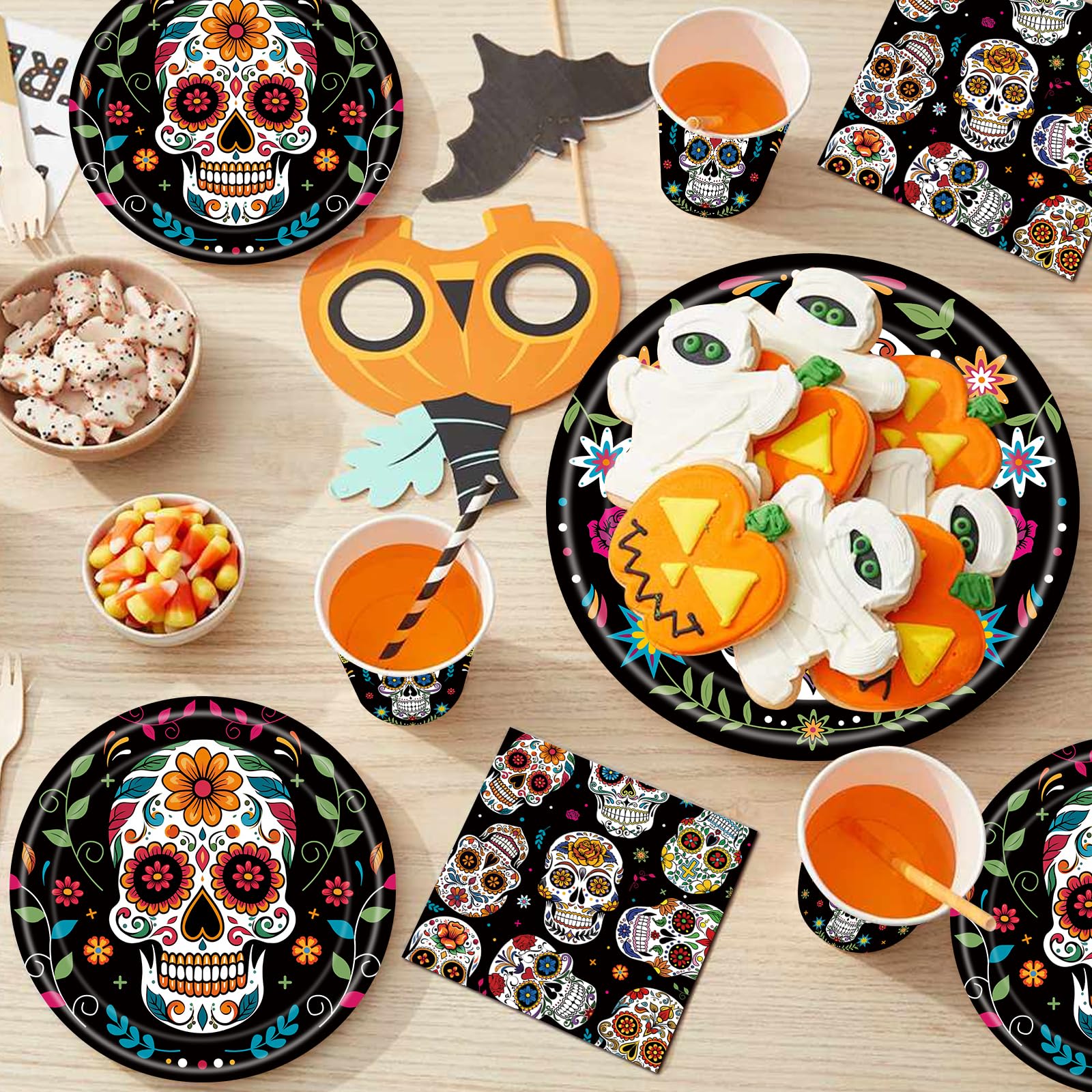 130 PCS Skull Party Supplies with Skeleton Paper Plates,Cake PlatesNapkins, Cups and Cutlery for Skull Birthday Party Decorations, Disposable Dinnerware Set (Serves 10)