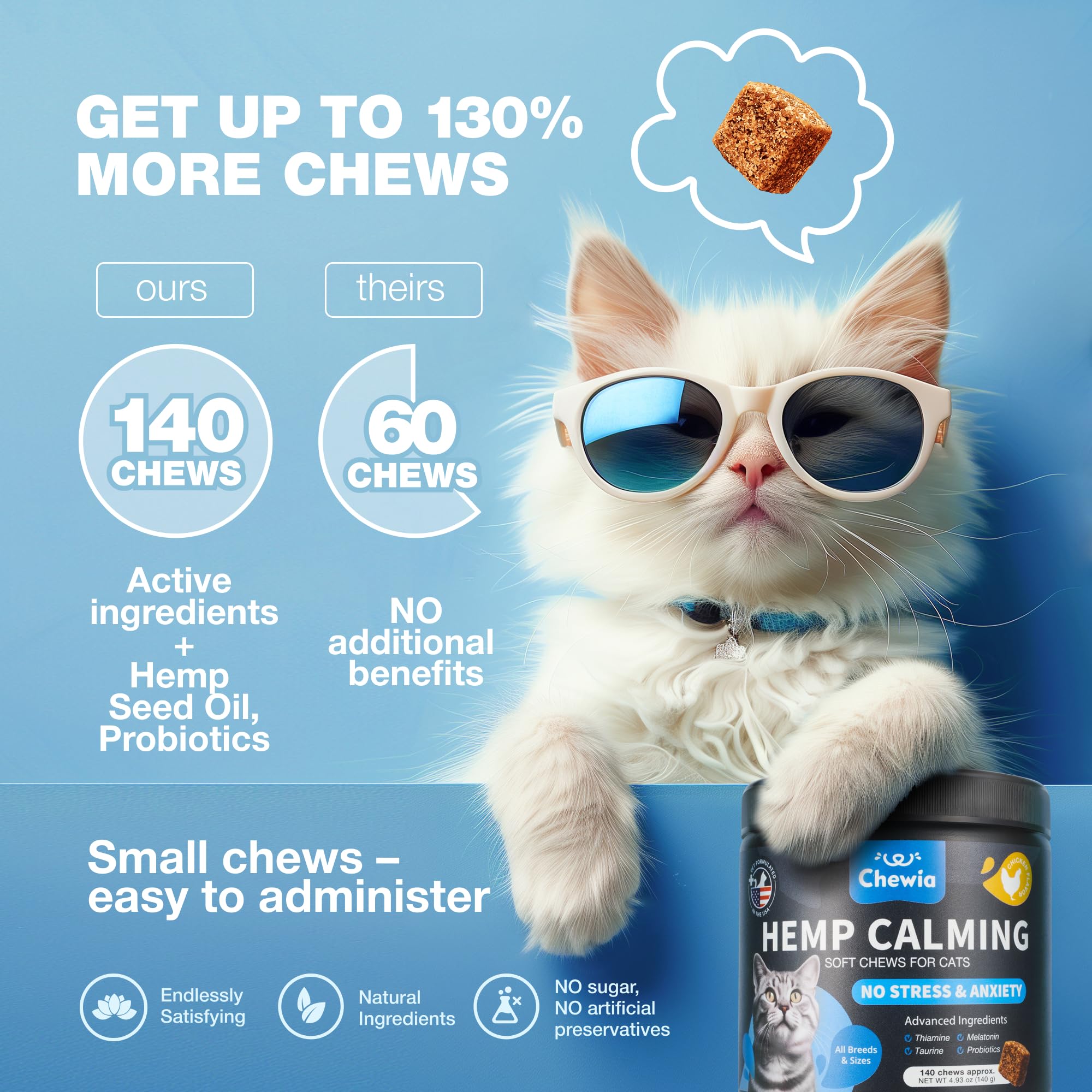 Cat Calming Treats - Hemp Calming Care for Cats - Cat Melatonin Soft Chews with Hemp Seed Oil and Probiotics - Cat Anxiety Relief - Storms, Travel, Grooming, Separation - Calming Chews for Cats