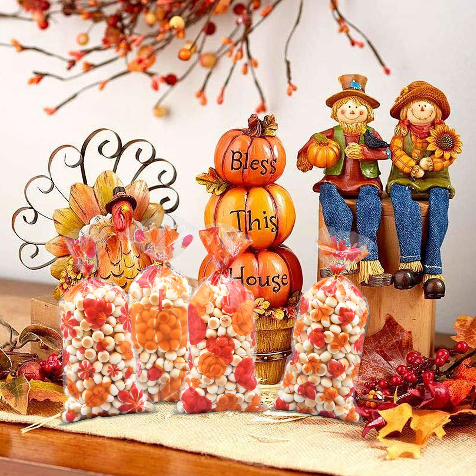 160 Pieces 4 Styles Fall Harvest Cellophane Treat Candy Bags with Twist Ties - Pumpkin and Leaf Designs Clear Goodie Bags for Kids, Thanksgiving Day Party Favors, and Autumn Snack Decorations