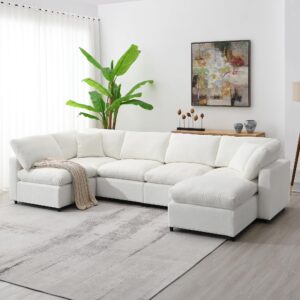 Oversized Modular Sectional Sofa, Convertible Queen Sleeper Sofa Bed, Deep 6 Seater Comfy Chenille Cloud Couch, Sectional Couch with Double Chaise for Living Room, Free Combination (Beige)