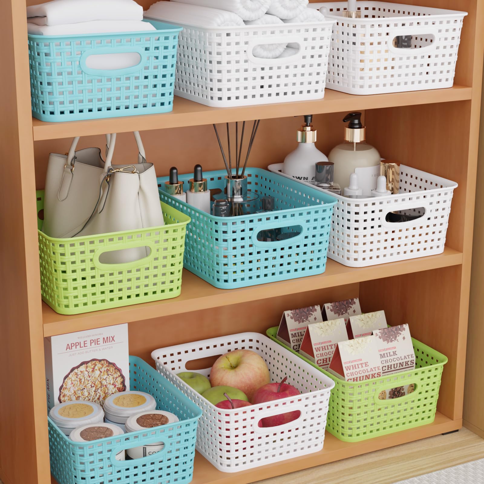 Xyskin 6-Pack Plastic Small Storage Weave Baskets, Nesting Shelf Basket for Cabinets and Pantry