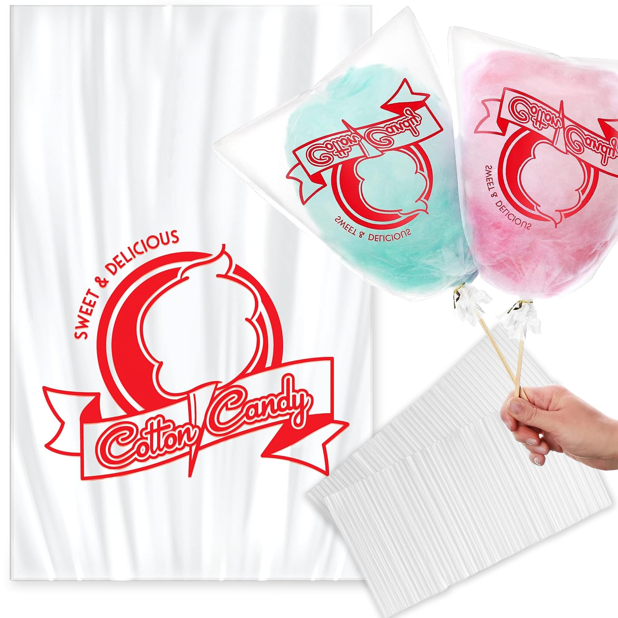 100 Cotton Candy Bags with Ties – 18.5" X 11.5" Thick Printed Bulk Cotton Candy Machine Supplies | Large Candy Bag Holder | Concession Stand Carnival Candy Bags