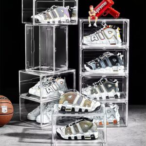 10 Pack Acrylic Ultra Clear Storage Sneaker Shoe Box Stackable Transparent Boxes, Magnetic Door Plastic Sneakerhead Professional Grade Display Case Boot Organizer, Fits US Size 15 Sneakers, Pack of 10