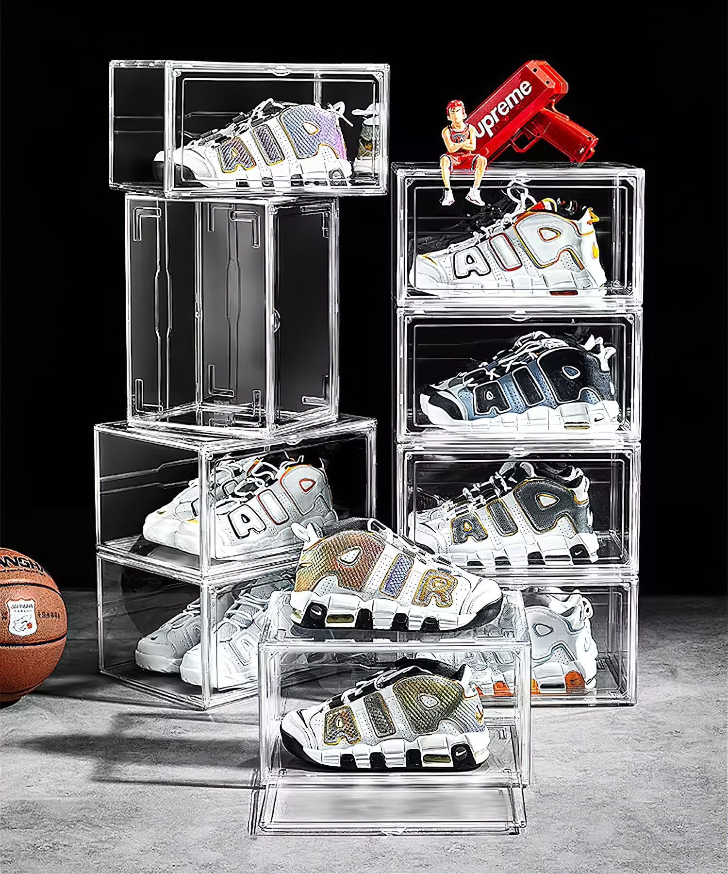 10 Pack Acrylic Ultra Clear Storage Sneaker Shoe Box Stackable Transparent Boxes, Magnetic Door Plastic Sneakerhead Professional Grade Display Case Boot Organizer, Fits US Size 15 Sneakers, Pack of 10