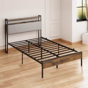 redlife full size bed frame with 2-tier storage headboard, metal platform bed frame with charging station & upholstered, noise-free, no box spring needed, easy assembly, rustic brown