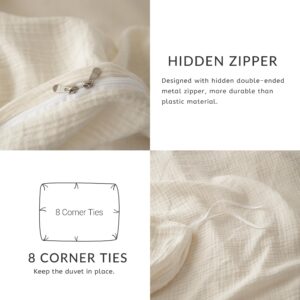 AGSIT Muslin Duvet Cover 100% Washed Cotton, Queen Size Duvet Cover Set Linen Like, Minimalist Soft Comforter Cover 3 Pieces, Lightweight Gauze Duvet Cover with 2 Pillowcases, 90”x90”, Buttery White