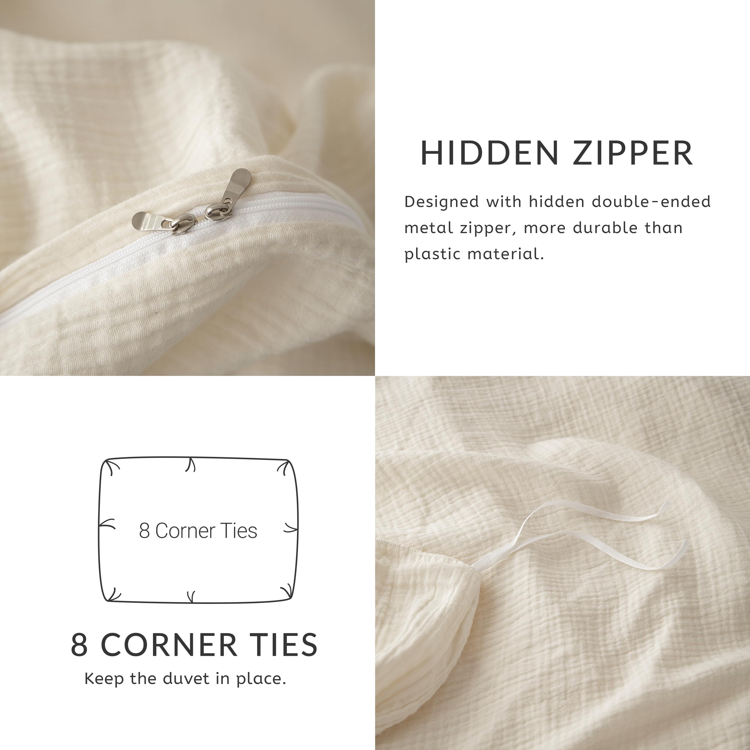 AGSIT Muslin Duvet Cover 100% Washed Cotton, Queen Size Duvet Cover Set Linen Like, Minimalist Soft Comforter Cover 3 Pieces, Lightweight Gauze Duvet Cover with 2 Pillowcases, 90”x90”, Buttery White