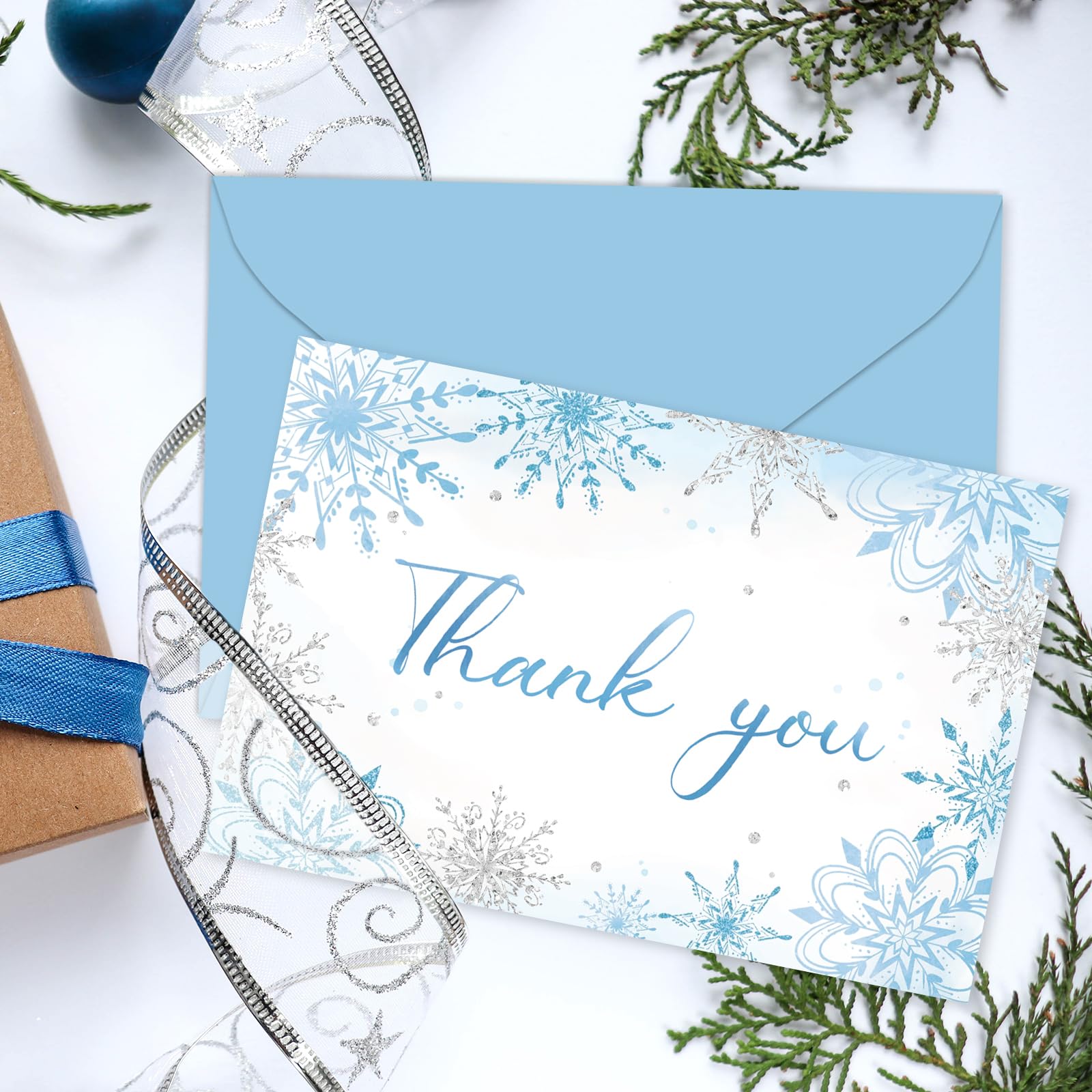 Whaline 24 Pack Christmas Thank You Cards Blue Glitter Snowflake Greeting Cards with Envelopes Stickers Blank Note Cards for Xmas Winter Party Invitation Supplies, 4 x 6 Inch