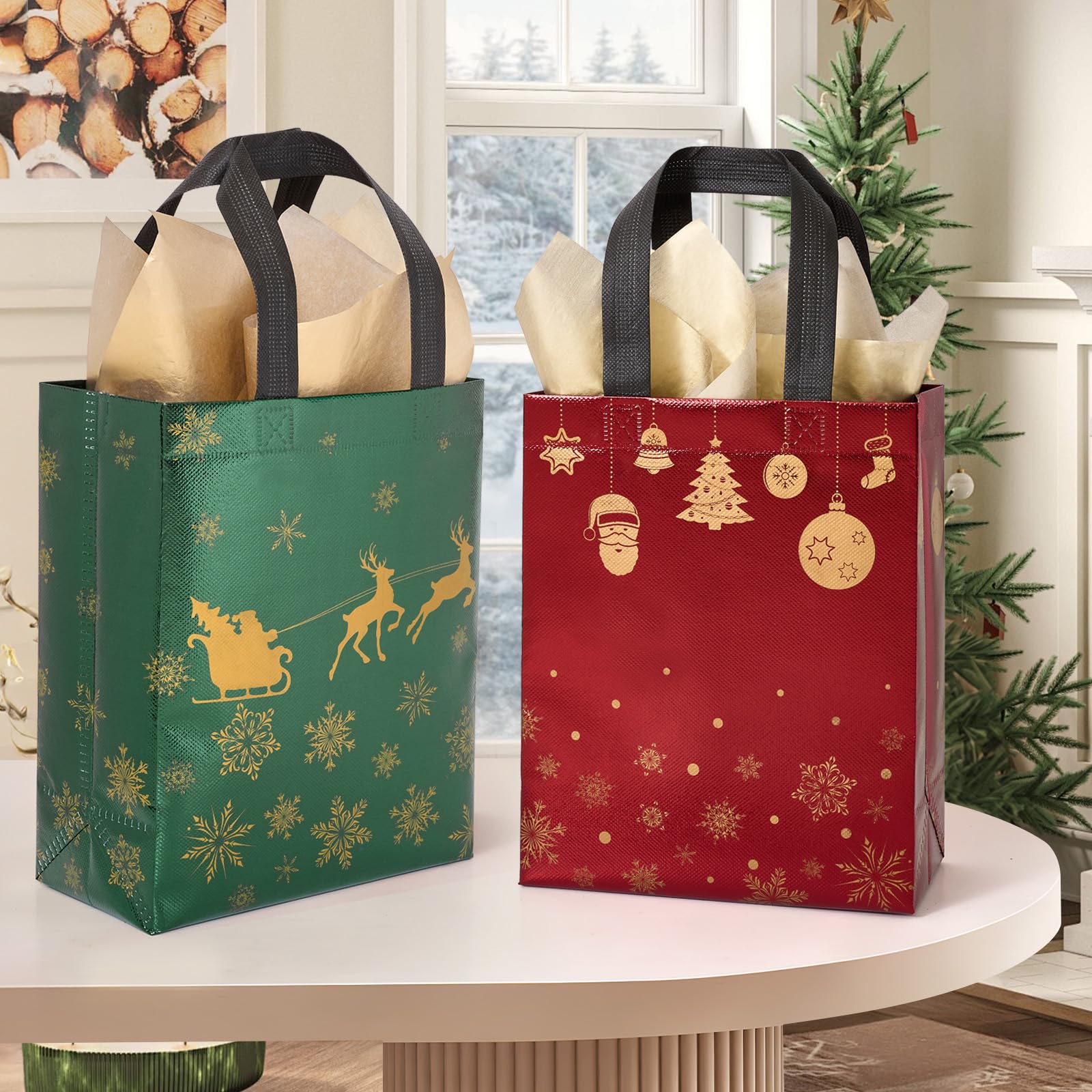 STYPOP 16 Pack 10" Christmas Gift Bags Medium Size with Tissue Paper, Reusable Christmas Tote Bags with Handles, Non-Woven Holiday Gift Bags for Christmas Gift Wrap, 10.2" * 8.3" * 4"