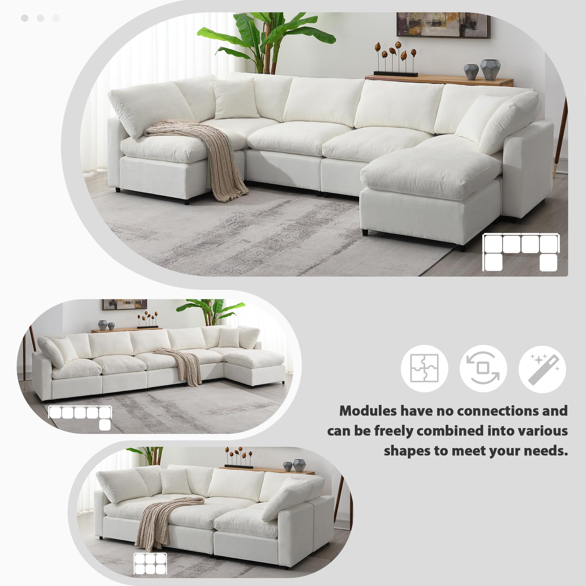 Oversized Modular Sectional Sofa, Convertible Queen Sleeper Sofa Bed, Deep 6 Seater Comfy Chenille Cloud Couch, Sectional Couch with Double Chaise for Living Room, Free Combination (Beige)