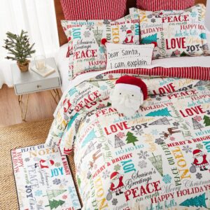 Levtex Home - Santa Claus Lane Duvet Cover Set - King Duvet Cover (106x94in.) + Two King Pillow Cases (36x20in.) - Christmas Script - Red, Teal and Green - Polyester