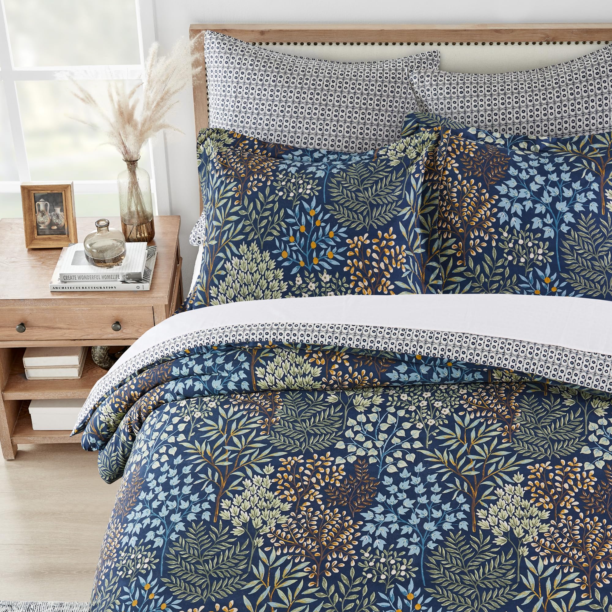 Levtex Home - English Forest Navy Duvet Cover Set - King Duvet Cover (106 x 94in.) + Two King Pillow Cases (20 x 36in.)- Leaves - Navy, Green, Teal, Blue, Cream - Rayon/Cotton