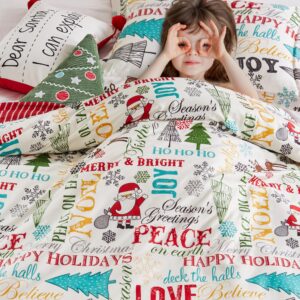 Levtex Home - Santa Claus Lane Duvet Cover Set - King Duvet Cover (106x94in.) + Two King Pillow Cases (36x20in.) - Christmas Script - Red, Teal and Green - Polyester