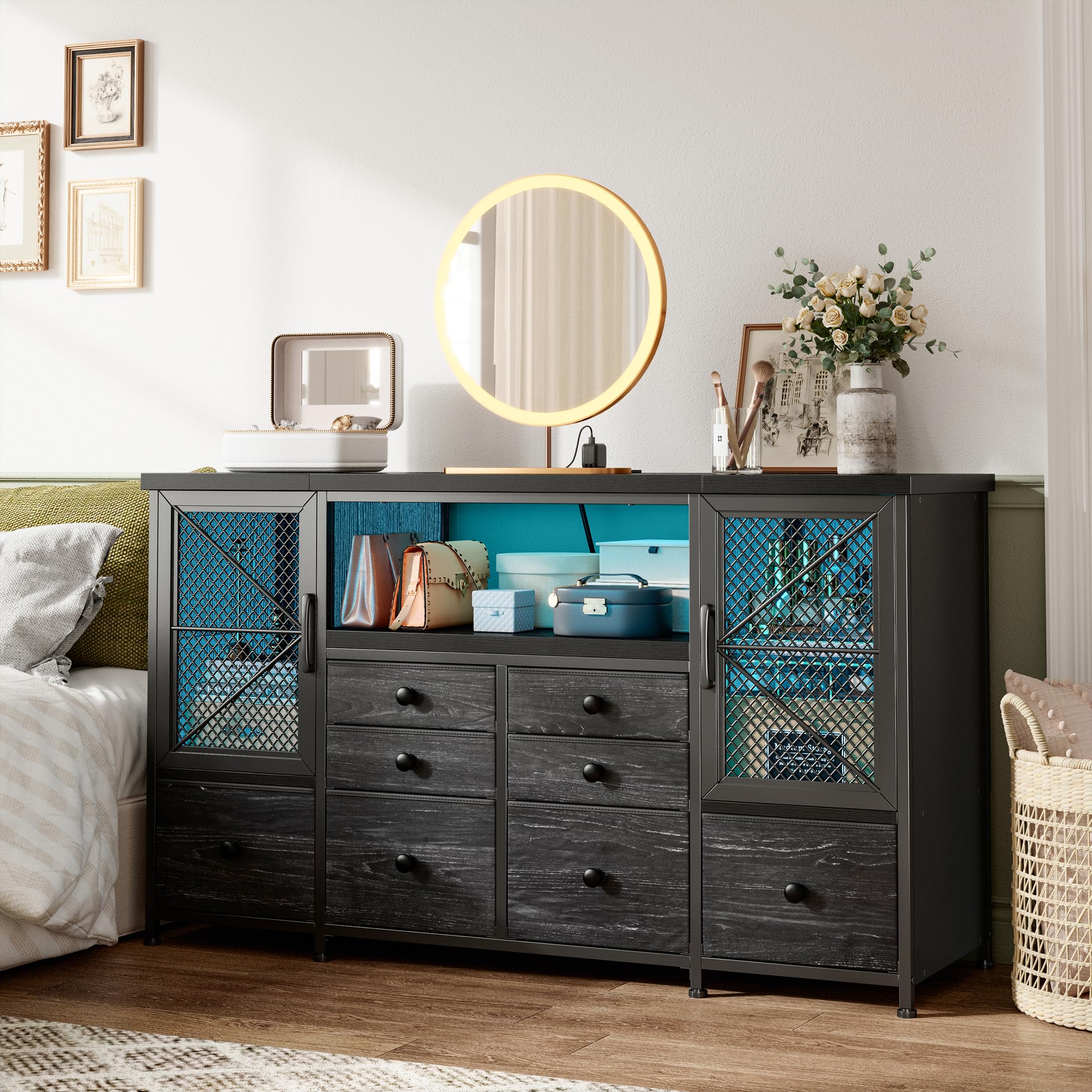 EnHomee Dresser for Bedroom with Power Outlets & LED Lights,Black Dresser for Bedroom with 8 Drawers& 2 Large Cabinet,Mesh Metal Door,60'' TV Stand Bedroom Dresser, Long Dressers & Chest of Drawers ﻿