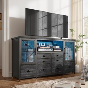 EnHomee Dresser for Bedroom with Power Outlets & LED Lights,Black Dresser for Bedroom with 8 Drawers& 2 Large Cabinet,Mesh Metal Door,60'' TV Stand Bedroom Dresser, Long Dressers & Chest of Drawers ﻿