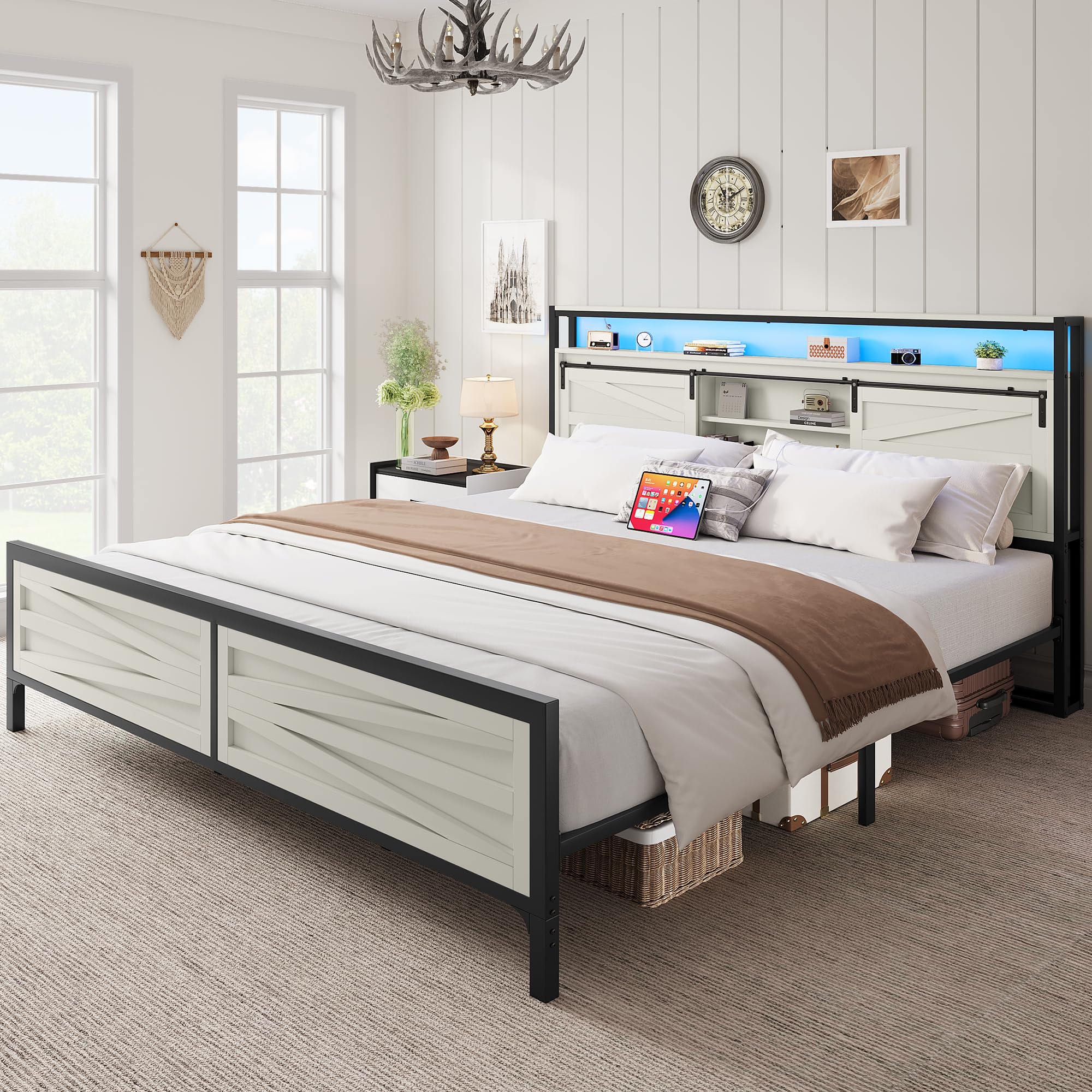 YITAHOME Farmhouse King Bed Frame with Storage Bookcase Headboard, Platform Bed Frame with LED Lights and Charging Station, Sliding Barn Door, Solid Metal Slats, No Box Spring Needed (White)