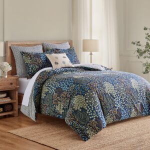 Levtex Home - English Forest Navy Duvet Cover Set - King Duvet Cover (106 x 94in.) + Two King Pillow Cases (20 x 36in.)- Leaves - Navy, Green, Teal, Blue, Cream - Rayon/Cotton