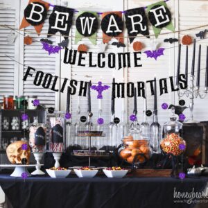 Welcome Foolish Mortals Halloween Banner for Halloween Haunted Mansion Decorations, Welcome Foolish Mortals Doormat Sign, Halloween Haunted Mansion Banner with Bat for Halloween Mantel Fireplace