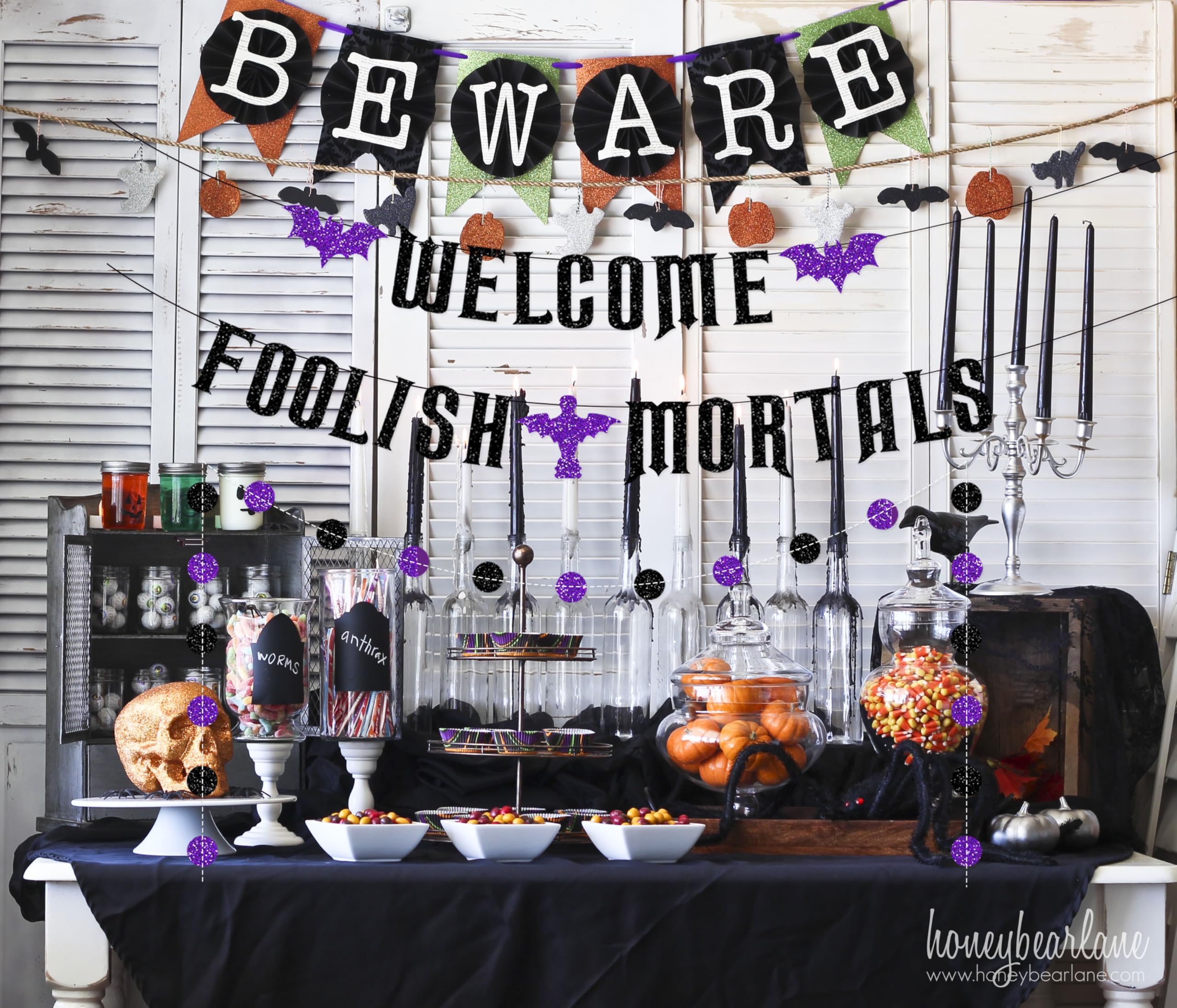 Welcome Foolish Mortals Halloween Banner for Halloween Haunted Mansion Decorations, Welcome Foolish Mortals Doormat Sign, Halloween Haunted Mansion Banner with Bat for Halloween Mantel Fireplace