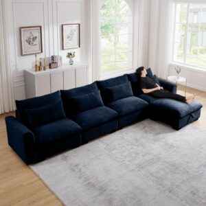 JURMALYN 157.5" Corduroy Sectional Sofa Couch for Living Room L-Shape Sofa Couch with Ottoman, Upholstered 4-Seat Sofa Couch Luxury Cloud Couch Set for Apartment Office,Blue