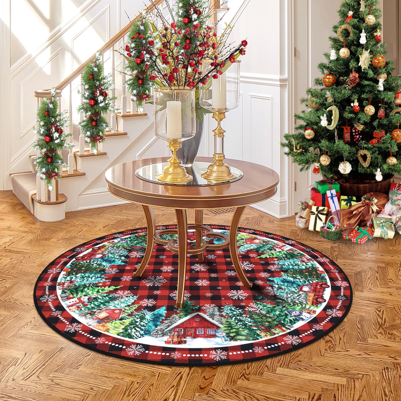 HEBE 4Ft Round Christmas Area Rug Non Slip Farmhouse Round Rug for Living Room Washable Soft Circle Rugs for Bedroom Christmas Round Floor Carpet for Dining Room Xmas Holiday Decor