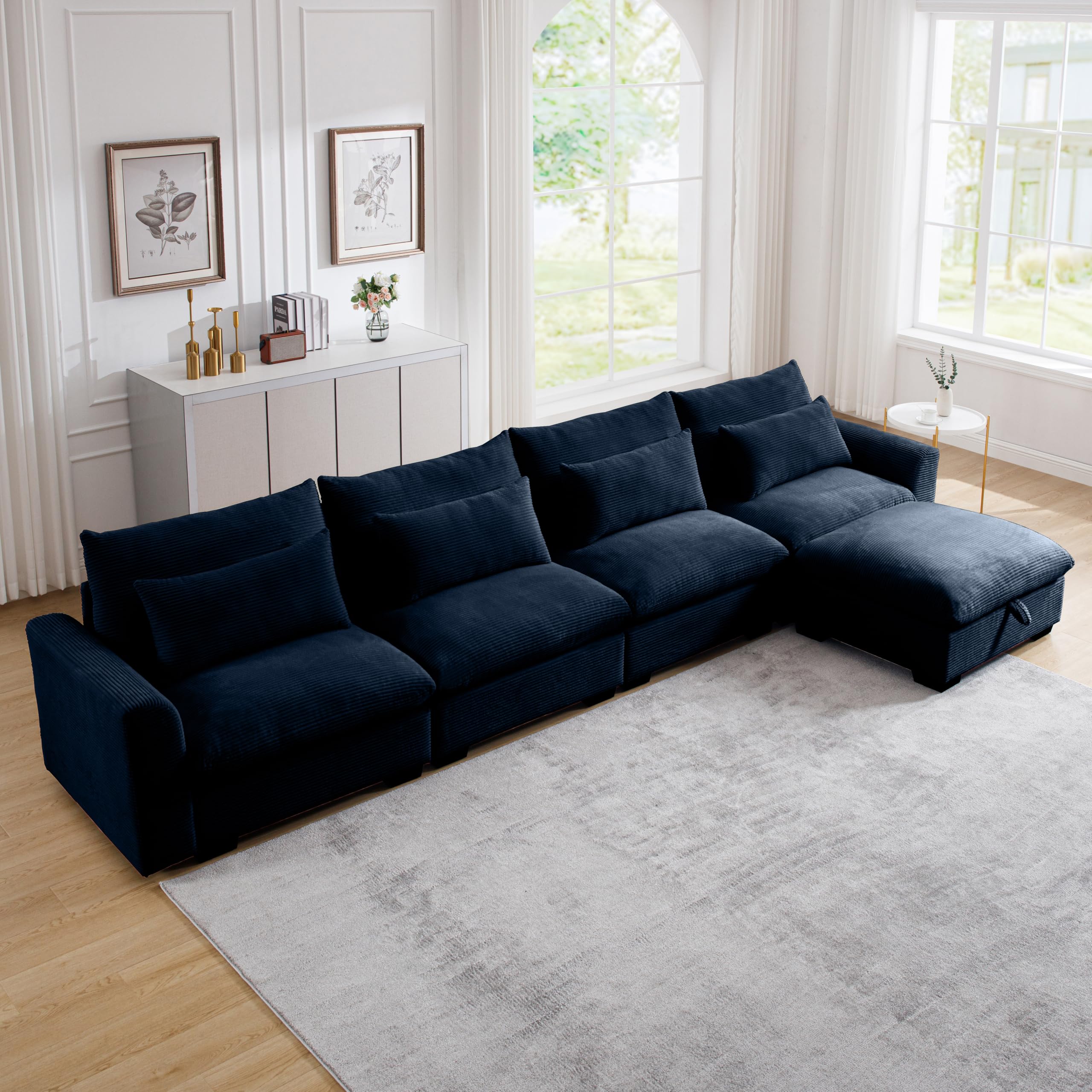 JURMALYN 157.5" Corduroy Sectional Sofa Couch for Living Room L-Shape Sofa Couch with Ottoman, Upholstered 4-Seat Sofa Couch Luxury Cloud Couch Set for Apartment Office,Blue