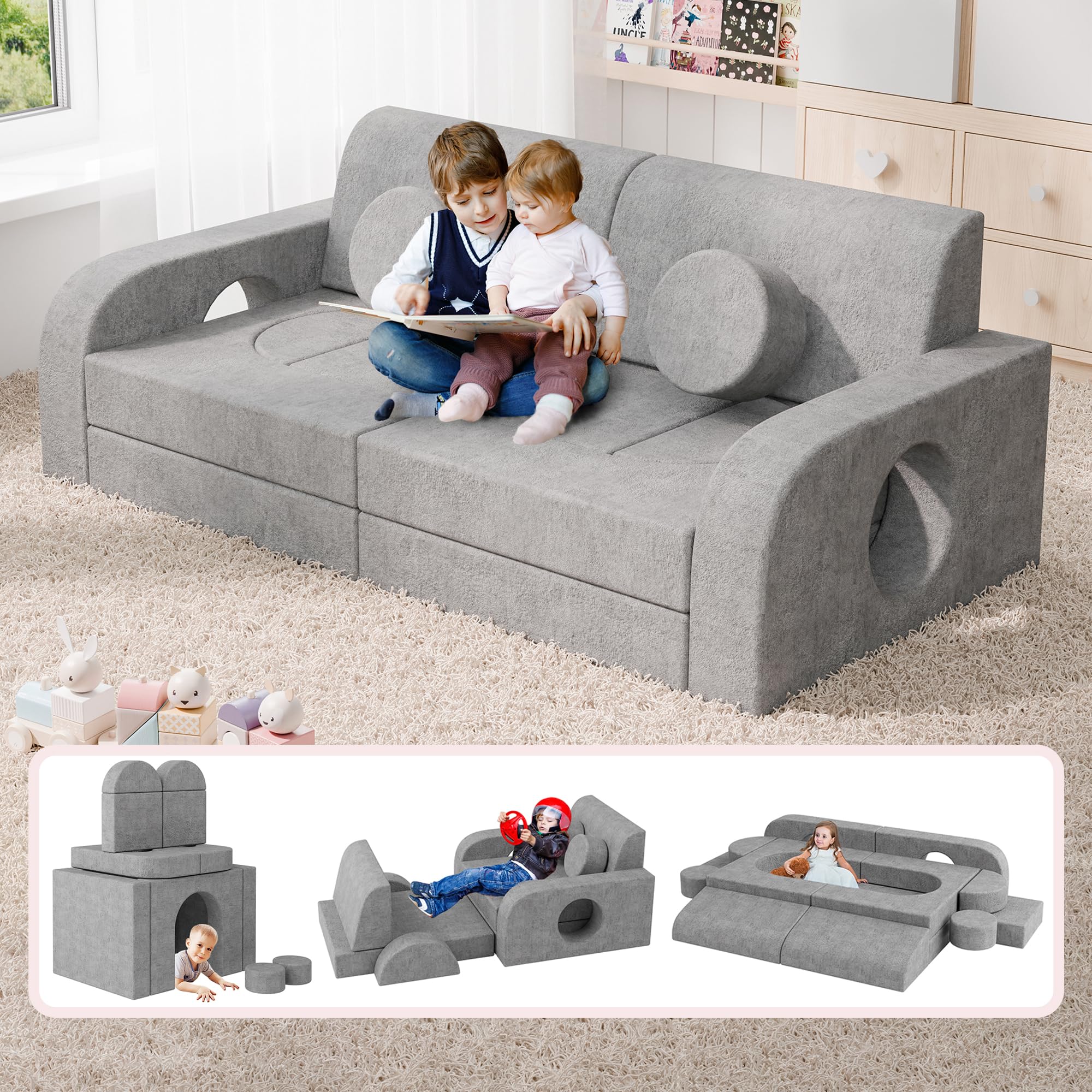 Betterhood 14pcs Modular Kids Play Couch, 1000+DIY Versatile Kids Couch Building Fort, Child Sectional Sofa for Playroom Bedroom, Convertible Foam Couch Sofa for Boys & Girls, Grey