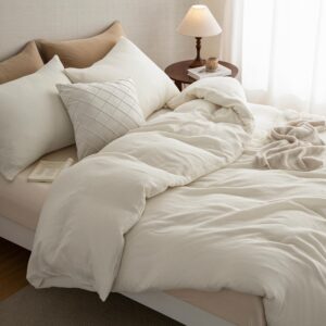 AGSIT Muslin Duvet Cover 100% Washed Cotton, Queen Size Duvet Cover Set Linen Like, Minimalist Soft Comforter Cover 3 Pieces, Lightweight Gauze Duvet Cover with 2 Pillowcases, 90”x90”, Buttery White