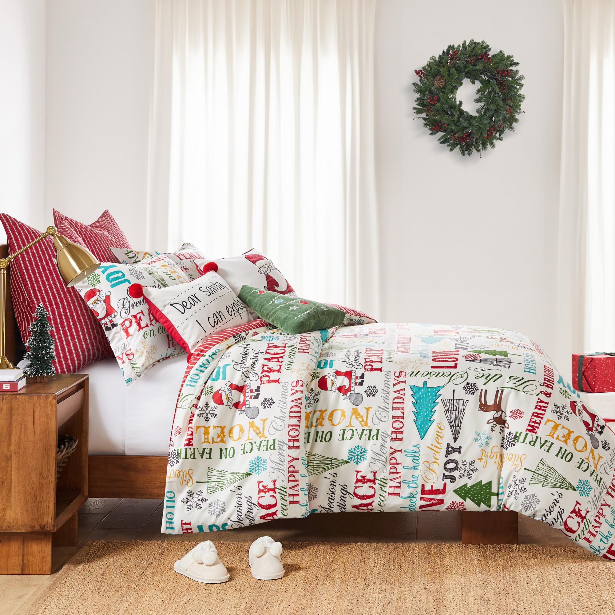 Levtex Home - Santa Claus Lane Duvet Cover Set - King Duvet Cover (106x94in.) + Two King Pillow Cases (36x20in.) - Christmas Script - Red, Teal and Green - Polyester