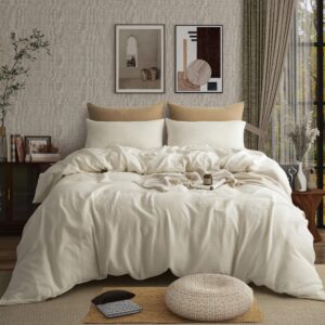 AGSIT Muslin Duvet Cover 100% Washed Cotton, Queen Size Duvet Cover Set Linen Like, Minimalist Soft Comforter Cover 3 Pieces, Lightweight Gauze Duvet Cover with 2 Pillowcases, 90”x90”, Buttery White