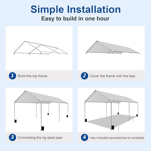 Carport Canopy 10'x20' Heavy Duty Carport, Waterproof & UV Protected Garage Top Tarp Shelter Cover with Reinforced Steel Cables, Outdoor Portable Garage for Car, Boat Tent, Light Grey