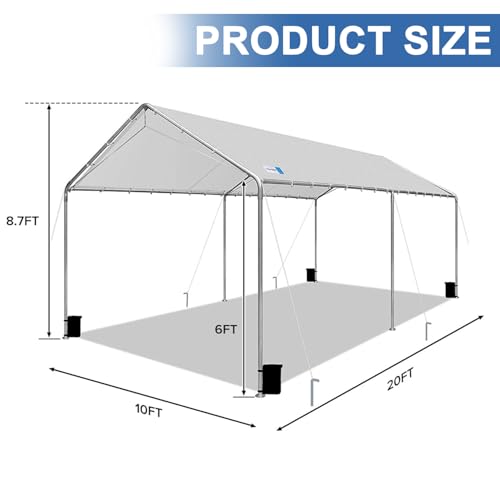 Carport Canopy 10'x20' Heavy Duty Carport, Waterproof & UV Protected Garage Top Tarp Shelter Cover with Reinforced Steel Cables, Outdoor Portable Garage for Car, Boat Tent, Light Grey