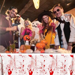 OQOQ Halloween Tablecloth 2 Packs, Bloody Red Handprints Plastic Table Cloth Disposable Halloween Party Decorations Rectangular Waterproof Table Cover for Horror Scary Party Decor 54x108 Inches