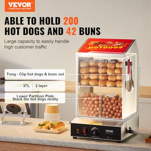 VEVOR Hot Dog Steamer, 39QT, 2-Tier Hot Dog Hut Steamer, 86℉~185℉ Temperature Control, Electric Bun Warmer with Tempered Glass Slide Doors Partition Plate Tong, Stainless Steel, for Hot Dogs & Buns