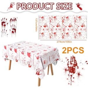 OQOQ Halloween Tablecloth 2 Packs, Bloody Red Handprints Plastic Table Cloth Disposable Halloween Party Decorations Rectangular Waterproof Table Cover for Horror Scary Party Decor 54x108 Inches