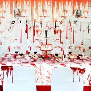 OQOQ Halloween Tablecloth 2 Packs, Bloody Red Handprints Plastic Table Cloth Disposable Halloween Party Decorations Rectangular Waterproof Table Cover for Horror Scary Party Decor 54x108 Inches