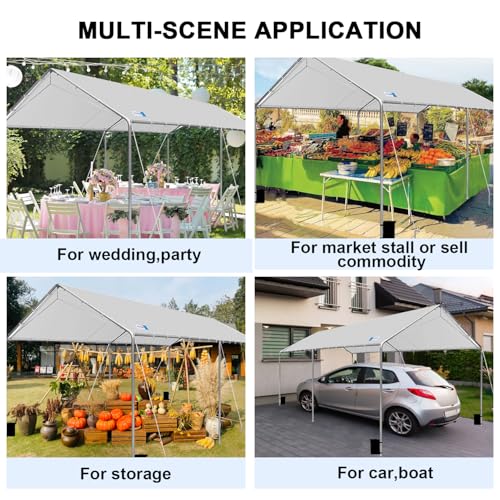 Carport Canopy 10'x20' Heavy Duty Carport, Waterproof & UV Protected Garage Top Tarp Shelter Cover with Reinforced Steel Cables, Outdoor Portable Garage for Car, Boat Tent, Light Grey