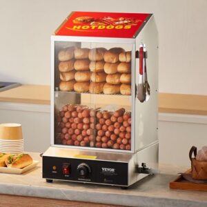 VEVOR Hot Dog Steamer, 39QT, 2-Tier Hot Dog Hut Steamer, 86℉~185℉ Temperature Control, Electric Bun Warmer with Tempered Glass Slide Doors Partition Plate Tong, Stainless Steel, for Hot Dogs & Buns