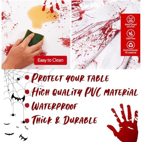 OQOQ Halloween Tablecloth 2 Packs, Bloody Red Handprints Plastic Table Cloth Disposable Halloween Party Decorations Rectangular Waterproof Table Cover for Horror Scary Party Decor 54x108 Inches